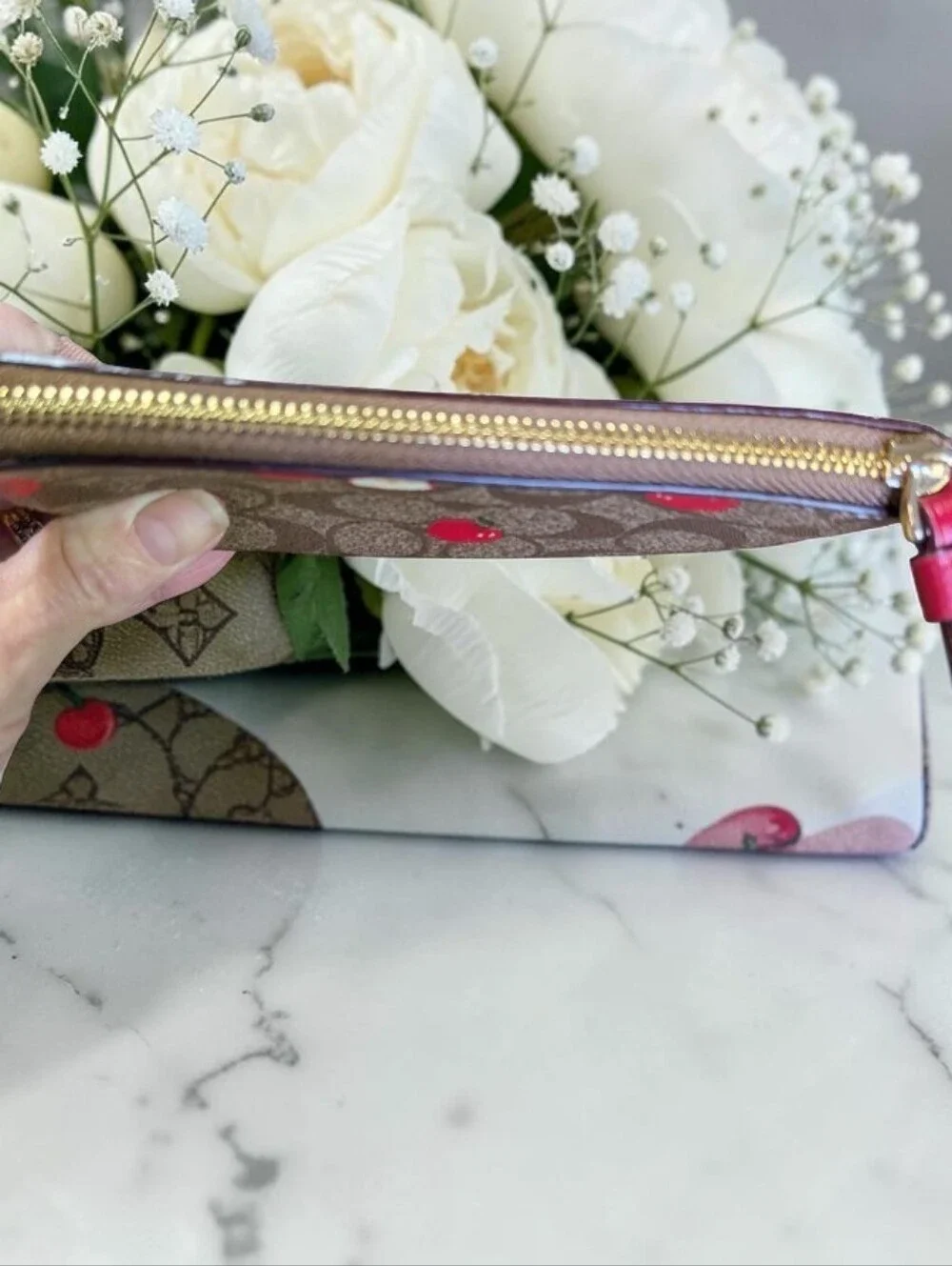 Coach Cherry Print Signature Wristlet in Brown with Red Accents